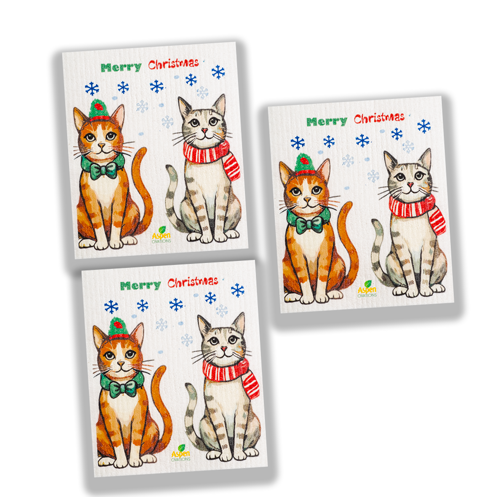 Christmas Cats O/G set of 3 Swedish Dishcloth Eco-Friendly Reusable Swedish Dishcloth – Ultra-Absorbent, Eco-Friendly Kitchen Sponge Cloth for Cleaning, Washing Dishes & Replacing Paper Towels – Zero Waste, Sustainable Home Essential