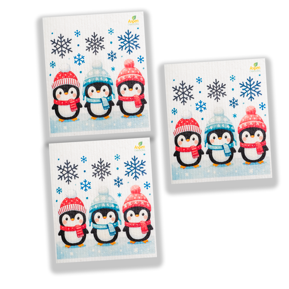 Christmas Penguins Set of 3 Swedish Dishcloth Eco-Friendly Swedish Dishcloth – Reusable, Eco-Friendly Kitchen Sponge Cloth for Absorbing Spills, Cleaning Surfaces, Washing Dishes & Replacing Paper Towels – Zero Waste Sustainable Gift
