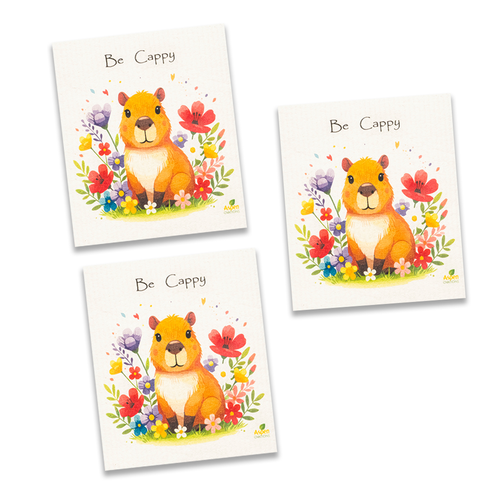 Be Cappy Capybara Set of 3 Swedish Dishcloth – Cute Animal Lover Gift, Reusable Eco-Friendly Kitchen Sponge Cloth, Zero Waste Cleaning Towel, Adorable Floral Home Decor