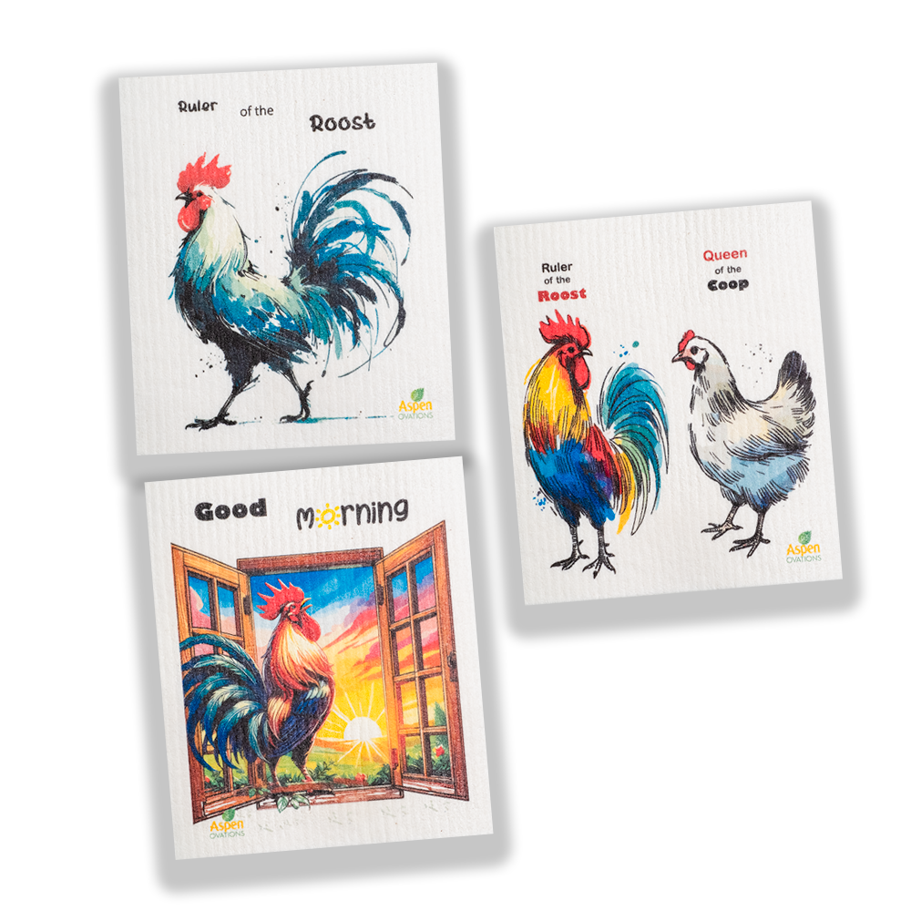 Farmhouse Rooster & Hen Mixed Set of 3 Swedish Dishcloth Set – Reusable, Eco-Friendly Kitchen Sponge Cloths, Absorbent Zero Waste Cleaning Towels, Rustic Country Home Decor Gift