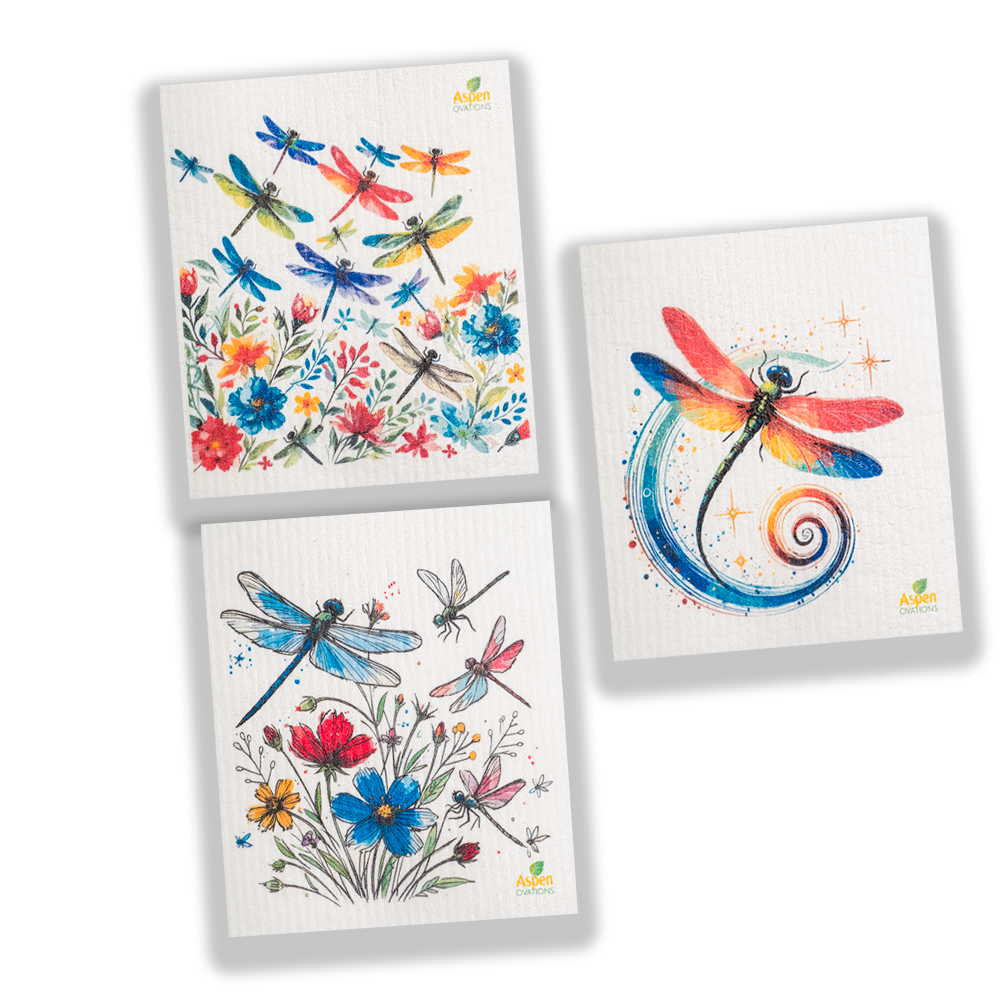 Dragonflies and spring flowers Mixed Set of 3 Swedish Dishcloth Eco-Friendly Reusable Swedish Dishcloth – Ultra-Absorbent, Eco-Friendly Kitchen Sponge Cloth for Cleaning, Washing Dishes & Replacing Paper Towels – Zero Waste, Sustainable Home Essential