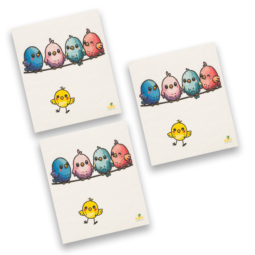 Cute Birds Set of 3 Swedish Dishcloth Set – Reusable, Eco-Friendly Kitchen Sponge Cloths, Zero Waste Cleaning Towels, Fun Colorful Bird Lover Gift, Sustainable Home Essential