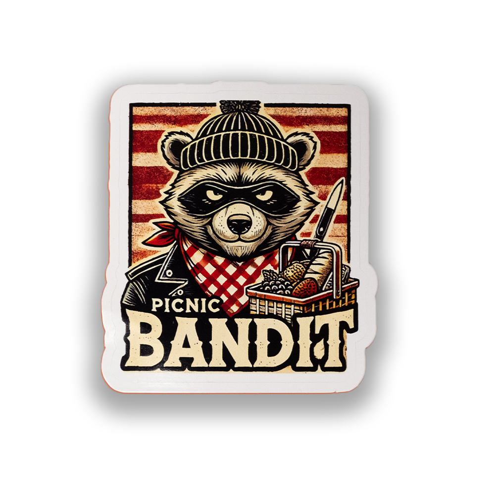 Picnic Bandit Sticker β Retro Raccoon Vinyl Decal for Laptops, Water Bottles, Coolers & More β Funny Camping & Outdoor Sticker