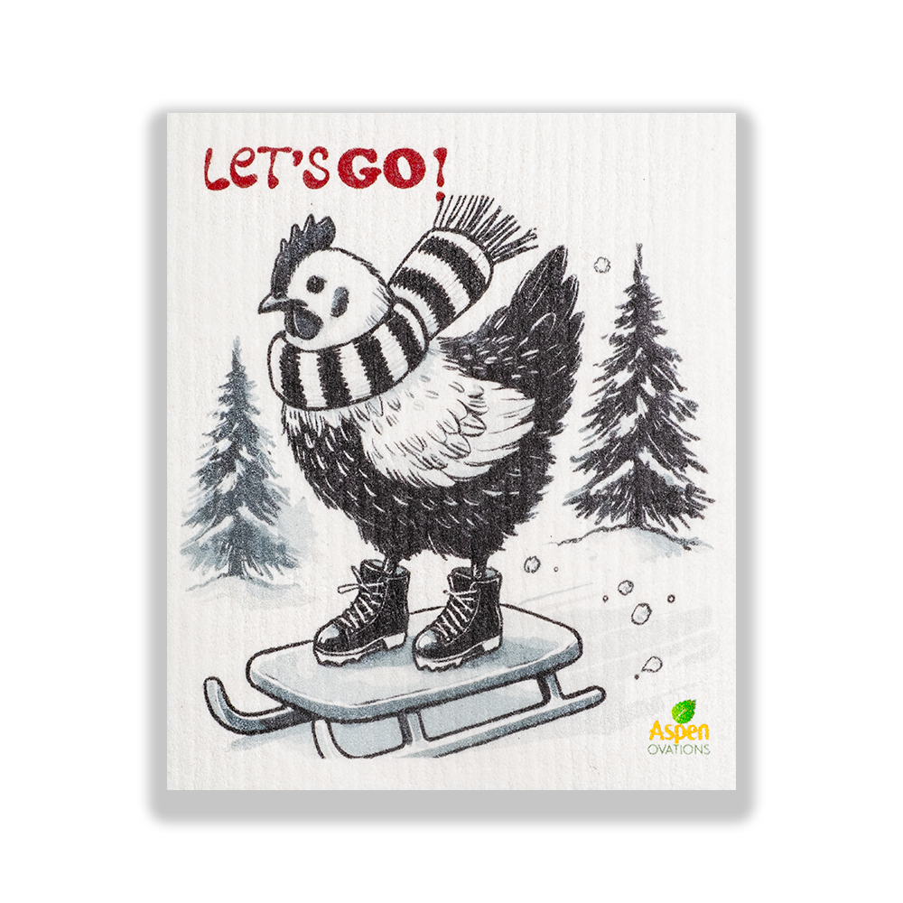 Winter Chicken - Skiing Set of 3 Dishcloth /Swedish Dishcloth – Reusable, Eco-Friendly Kitchen Sponge Cloth for Absorbing Spills, Cleaning Surfaces, Washing Dishes & Replacing Paper Towels – Zero Waste Sustainable Gift