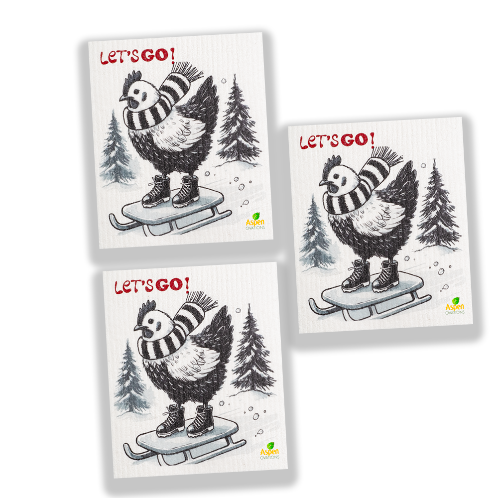 Winter Chicken - Skiing Set of 3 Dishcloth /Swedish Dishcloth – Reusable, Eco-Friendly Kitchen Sponge Cloth for Absorbing Spills, Cleaning Surfaces, Washing Dishes & Replacing Paper Towels – Zero Waste Sustainable Gift