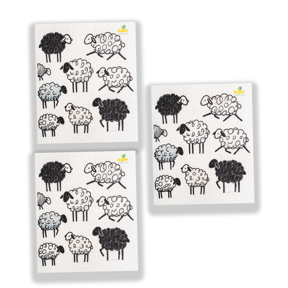 Cute Sheep Set of 3 Swedish Dishcloth Eco-Friendly Swedish Dishcloth – Reusable, Eco-Friendly Kitchen Sponge Cloth for Absorbing Spills, Cleaning Surfaces, Washing Dishes & Replacing Paper Towels – Zero Waste Sustainable Gift
