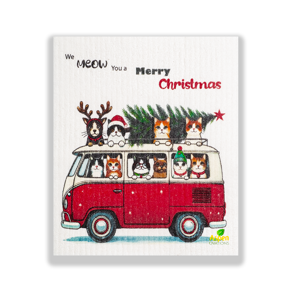 Christmas Red Bus/Cats Set of 3 Swedish Dishcloth Eco-Friendly Reusable Swedish Dishcloth – Ultra-Absorbent, Eco-Friendly Kitchen Sponge Cloth for Cleaning, Washing Dishes & Replacing Paper Towels – Zero Waste, Sustainable Home Essential