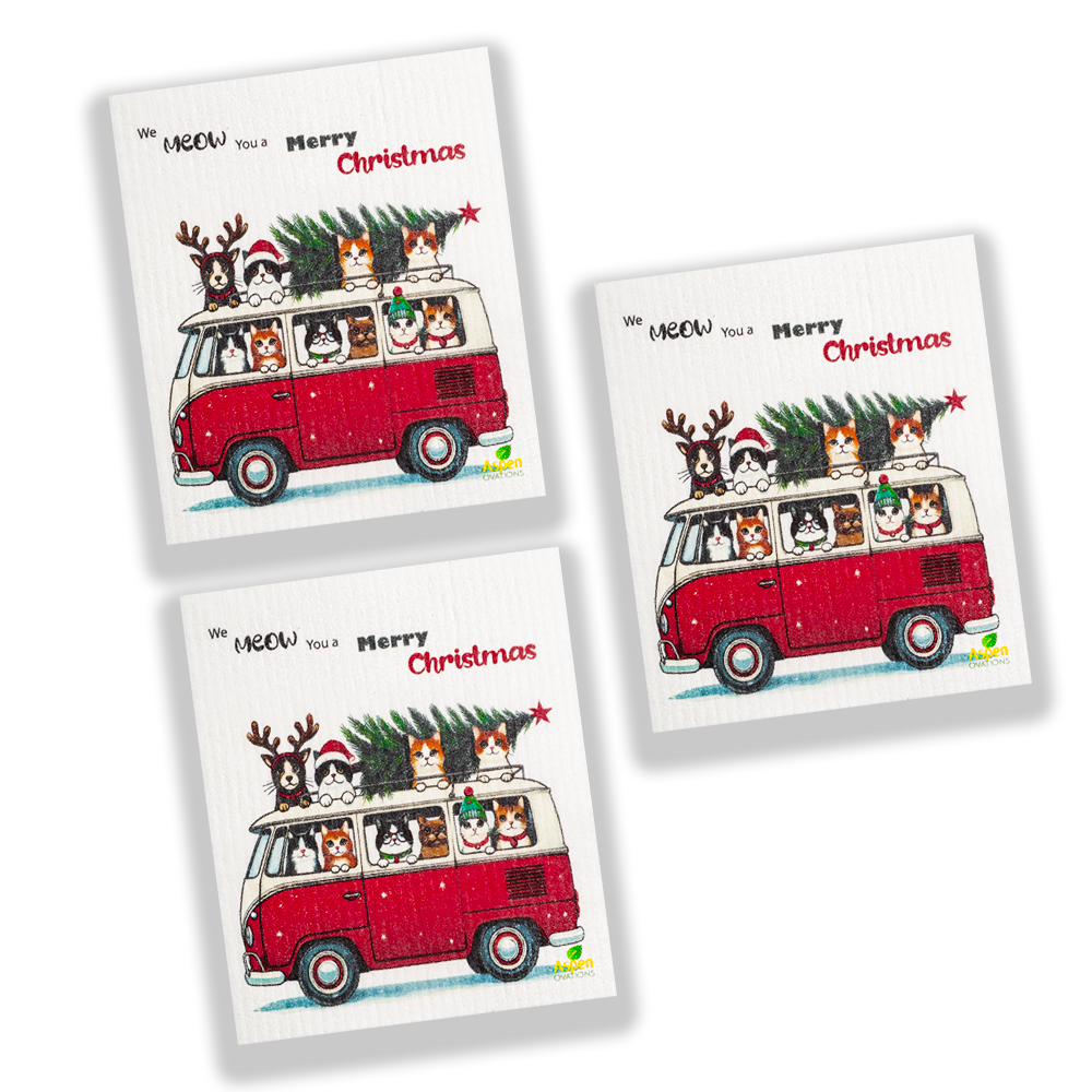 Christmas Red Bus/Cats Set of 3 Swedish Dishcloth Eco-Friendly Reusable Swedish Dishcloth – Ultra-Absorbent, Eco-Friendly Kitchen Sponge Cloth for Cleaning, Washing Dishes & Replacing Paper Towels – Zero Waste, Sustainable Home Essential