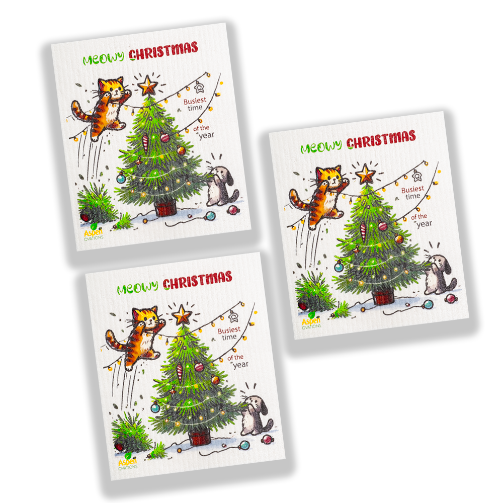 Christmas Tree/Cat Set of 3 Dishcloths Eco-Friendly Reusable Swedish Dishcloth – Ultra-Absorbent, Eco-Friendly Kitchen Sponge Cloth for Cleaning, Washing Dishes & Replacing Paper Towels – Zero Waste, Sustainable Home Essential