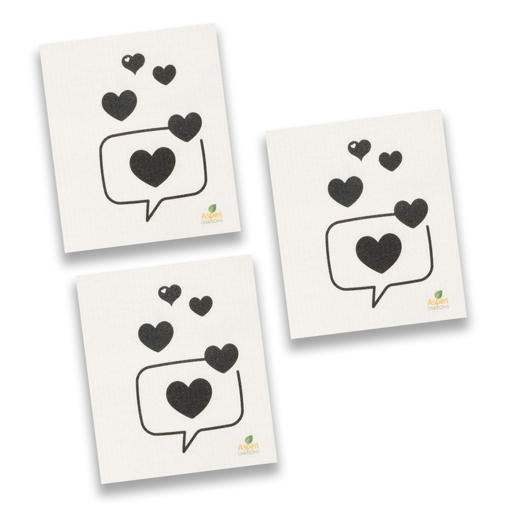 Love Message Set of 3 Swedish Dishcloth – Reusable Eco-Friendly Kitchen Sponge Cloth, Zero Waste Cleaning Towel, Cute Heart Design, Custom Wedding Favor & Romantic Gift