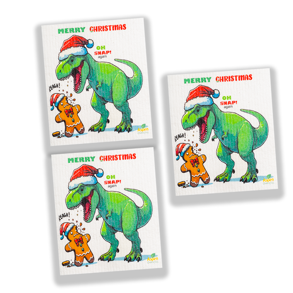 Christmas T-REX and Ginger Cookie Swedish Set of 3 Dishcloth Eco-Friendly Reusable Swedish Dishcloth – Ultra-Absorbent, Eco-Friendly Kitchen Sponge Cloth for Cleaning, Washing Dishes & Replacing Paper Towels – Zero Waste, Sustainable Home Essential