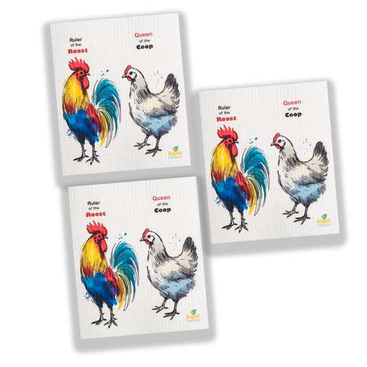 Farmhouse Rooster & Hen Set of 3 Swedish Dishcloth – Reusable, Eco-Friendly Kitchen Sponge Cloth, Zero Waste Cleaning Towel, Rustic Country Farm Decor Gift