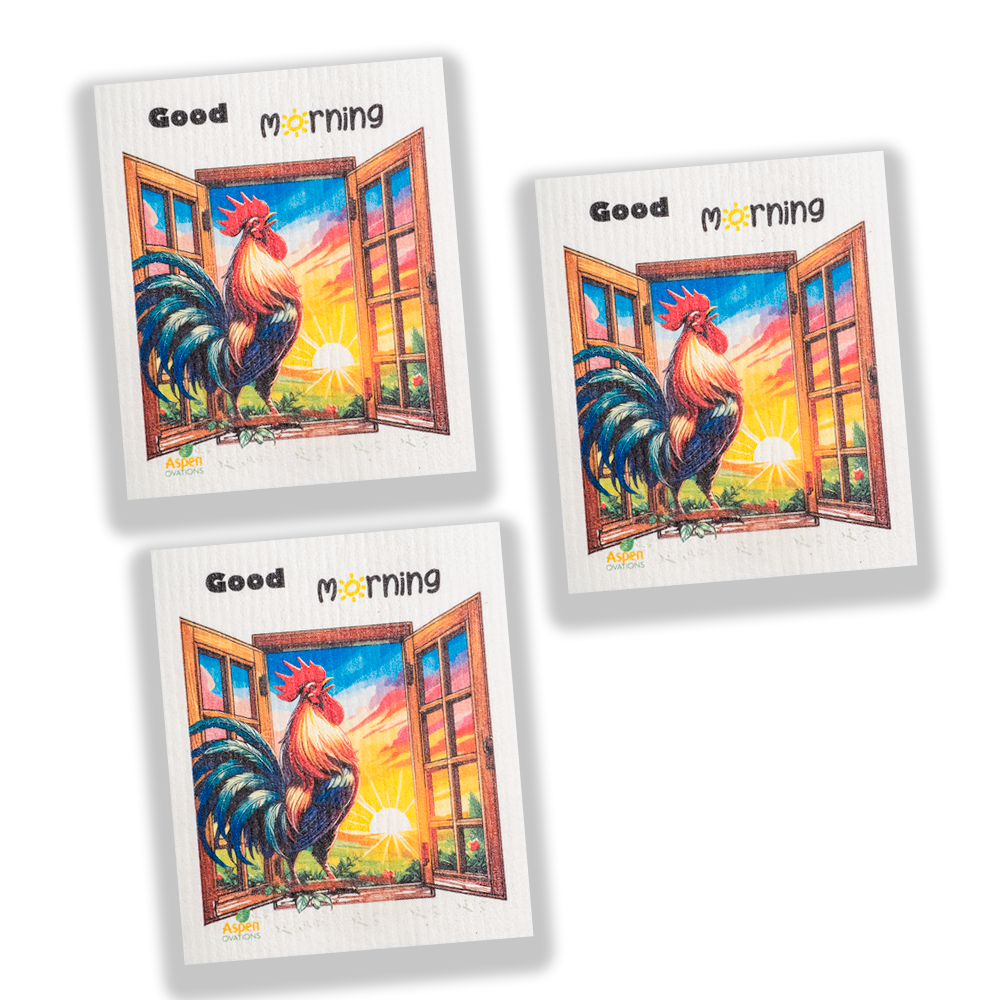 Good Morning Rooster Set of 3 Swedish Dishcloth – Reusable, Eco-Friendly Kitchen Sponge Cloth, Zero Waste Absorbent Cleaning Towel, Farmhouse Country Home Decor Gift