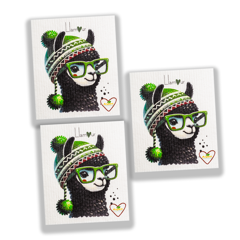 Llama / green Llamour Set of 3 Swedish Dishcloth Eco-Friendly Reusable Swedish Dishcloth – Ultra-Absorbent, Eco-Friendly Kitchen Sponge Cloth for Cleaning, Washing Dishes & Replacing Paper Towels – Zero Waste, Sustainable Home Essential