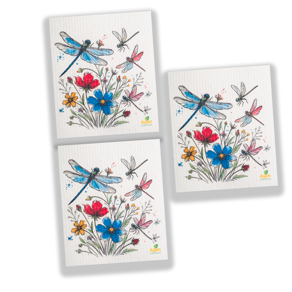 Dragonflies and spring flowers Set of 3 Swedish Dishcloth Eco-Friendly Reusable Swedish Dishcloth – Ultra-Absorbent, Eco-Friendly Kitchen Sponge Cloth for Cleaning, Washing Dishes & Replacing Paper Towels – Zero Waste, Sustainable Home Essential