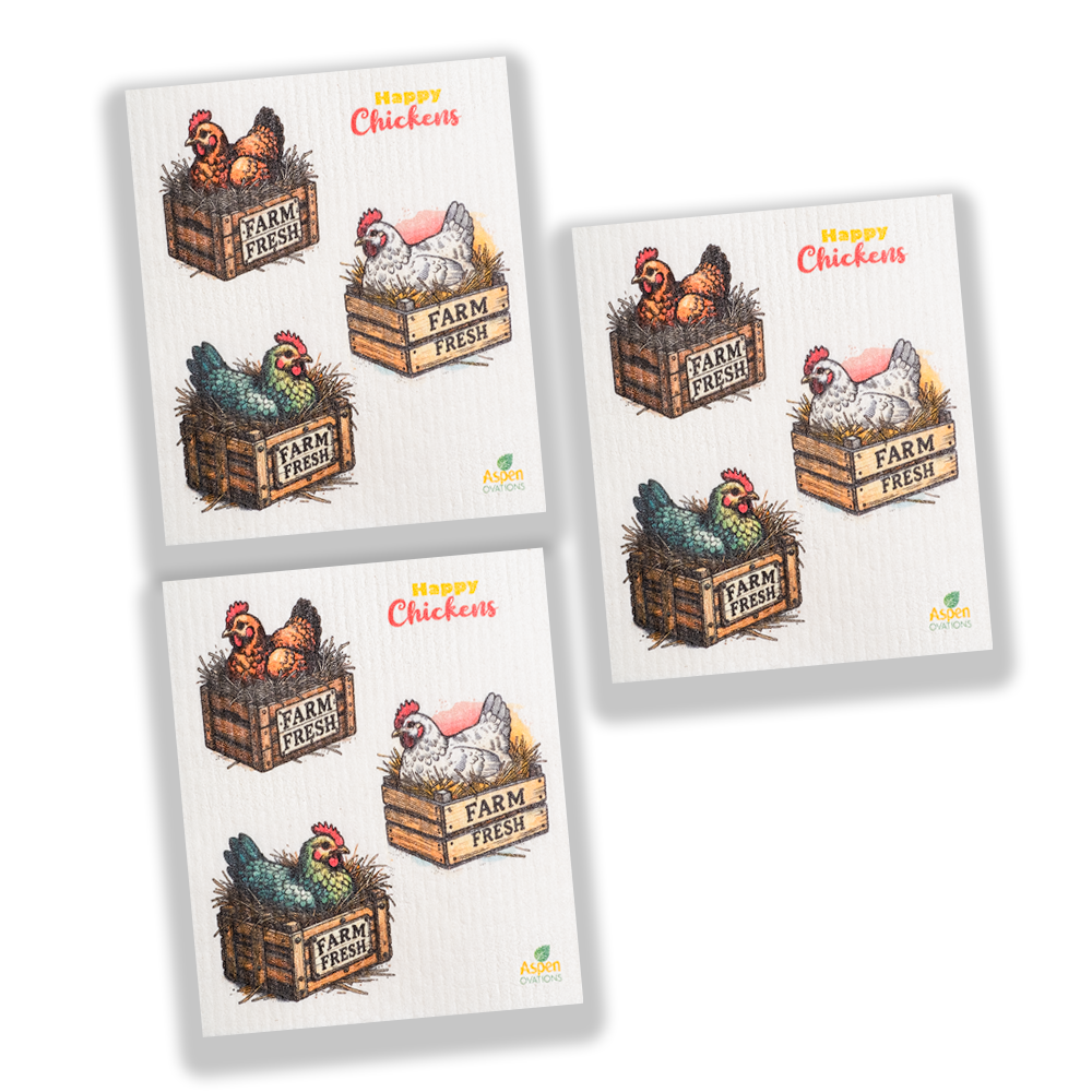 Happy Chicken Swedish Set of 3 Dishcloth Eco-Friendly Reusable Swedish Dishcloth – Ultra-Absorbent, Eco-Friendly Kitchen Sponge Cloth for Cleaning, Washing Dishes & Replacing Paper Towels – Zero Waste, Sustainable Home Essential