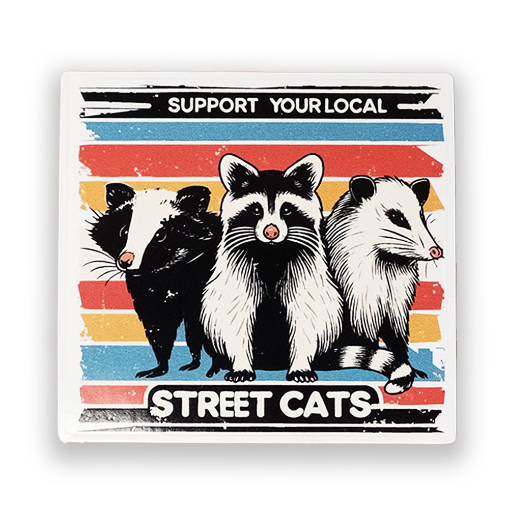 Support Your Local Street Cats Sticker β Funny Raccoon, Skunk & Opossum Vinyl Decal β Retro Wildlife Sticker for Laptops, Water Bottles & Cars