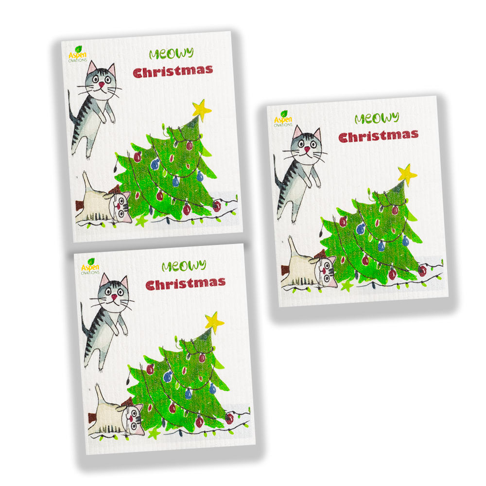 Christmas/Cat Set of 3 Dishcloth Eco-Friendly Reusable Swedish Dishcloth – Ultra-Absorbent, Eco-Friendly Kitchen Sponge Cloth for Cleaning, Washing Dishes & Replacing Paper Towels – Zero Waste, Sustainable Home Essential