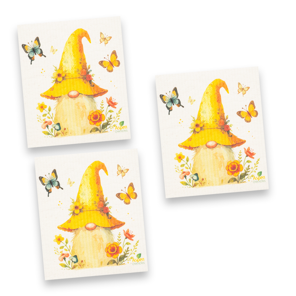 Sunflower Gnome Set of 3 Swedish Dishcloth – Cute Kitchen Towel, Reusable Cleaning Cloth, Eco-Friendly Home Decor, Spring Gnome Gift, Whimsical Cottagecore Aesthetic