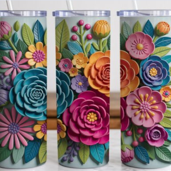 Floral 20 oz Skinny Tumbler –  3D Vibrant Colorful  Flower and butterflies Stainless Steel Cup with Lid & Straw, Spring Garden Design, Gift for Mom, Women & Nature Lovers