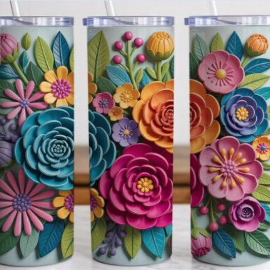 Floral 20 oz Skinny Tumbler –  3D Vibrant Colorful  Flower and butterflies Stainless Steel Cup with Lid & Straw, Spring Garden Design, Gift for Mom, Women & Nature Lovers