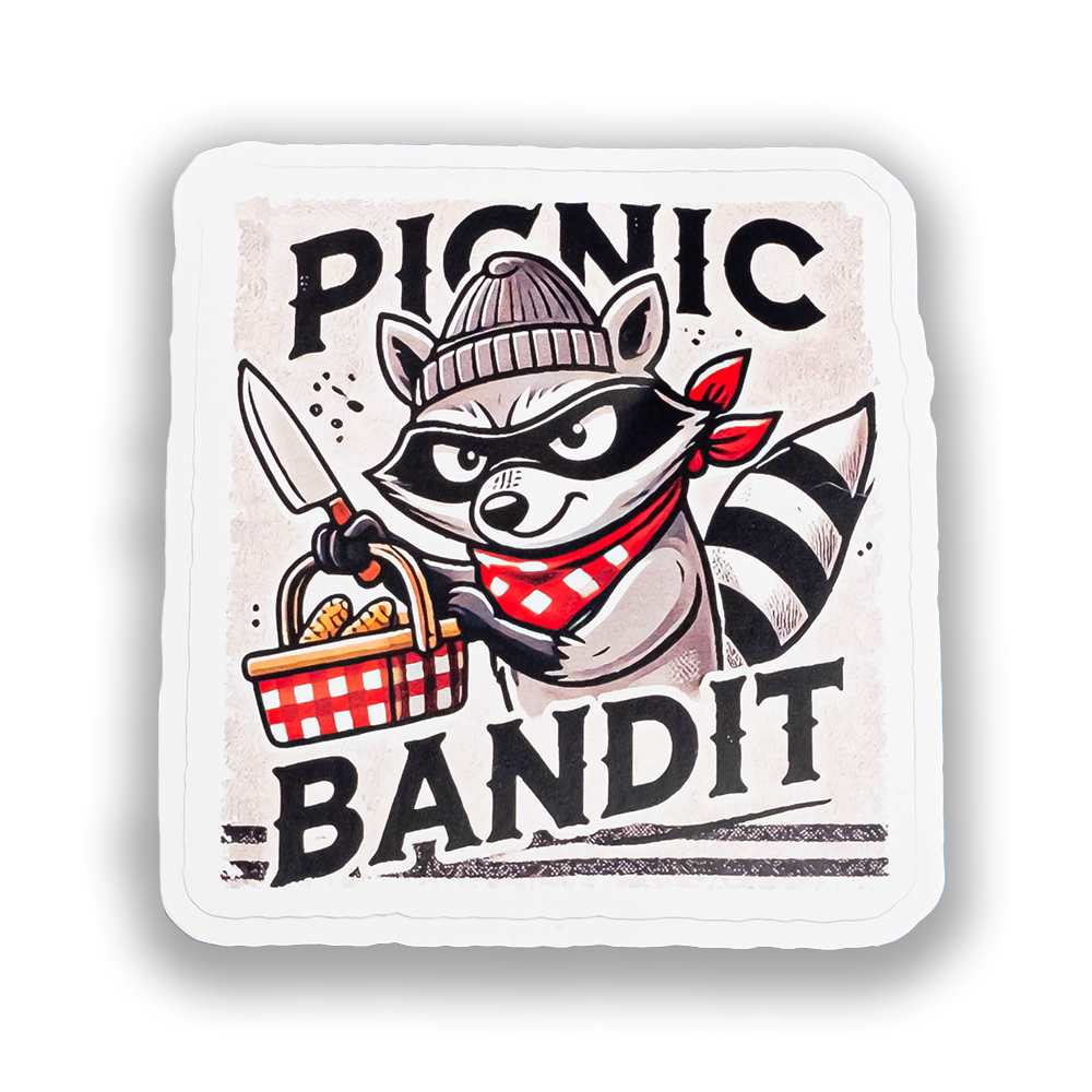 5 pc Picnic Bandit Sticker – Funny Raccoon Vinyl Decal for Laptops, Water Bottles, and Coolers – Outdoor & Camping Gift