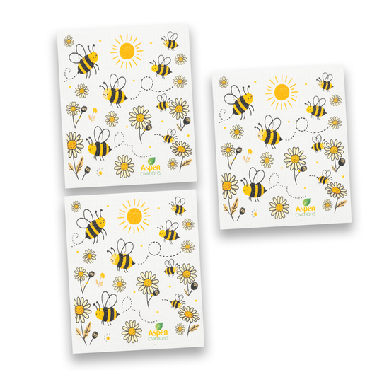 Bee Happy Blooms Swedish Set of 3 Dishcloth Eco-Friendly, Reusable Kitchen Sponge Cloth for Gift & Everyday Cleaning