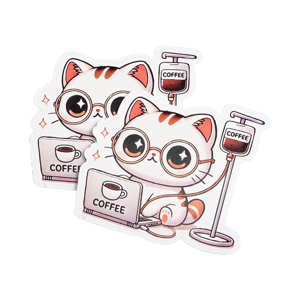 Coffee Cat Sticker - 1 Cute Caffeine Lover Kitty with Coffee IV | Funny Vinyl Decal for Laptops, Water Bottles & Coffee Addicts