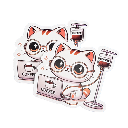 Coffee Cat Sticker - 1 Cute Caffeine Lover Kitty with Coffee IV | Funny Vinyl Decal for Laptops, Water Bottles & Coffee Addicts