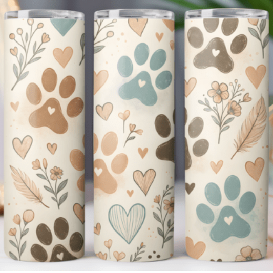 Dog Paw Print 20 oz Skinny Tumbler – Cute Pet Lover Stainless Steel Cup with Hearts & Floral Design, Gift for Dog Moms & Animal Lovers