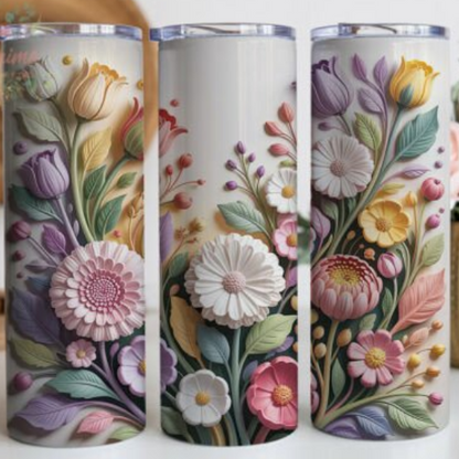 Floral 20 oz Skinny Tumbler –  3D Pastel Colorful  Flower and butterflies Stainless Steel Cup with Lid & Straw, Spring Garden Design, Gift for Mom, Women & Nature Lovers