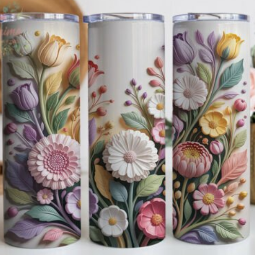 Floral 20 oz Skinny Tumbler –  3D Pastel Colorful  Flower and butterflies Stainless Steel Cup with Lid & Straw, Spring Garden Design, Gift for Mom, Women & Nature Lovers