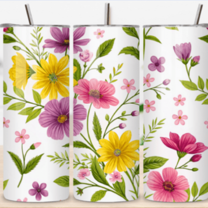 Floral 20 oz Skinny Tumbler – Colorful Flower Stainless Steel Cup with Lid & Straw, Spring Garden Design, Gift for Mom, Women & Nature Lovers
