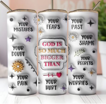 Christian Faith 20 oz Skinny Tumbler – “God Is Bigger Than” Inspirational Stainless Steel Cup with Lid & Straw, Religious Gift for  Believers