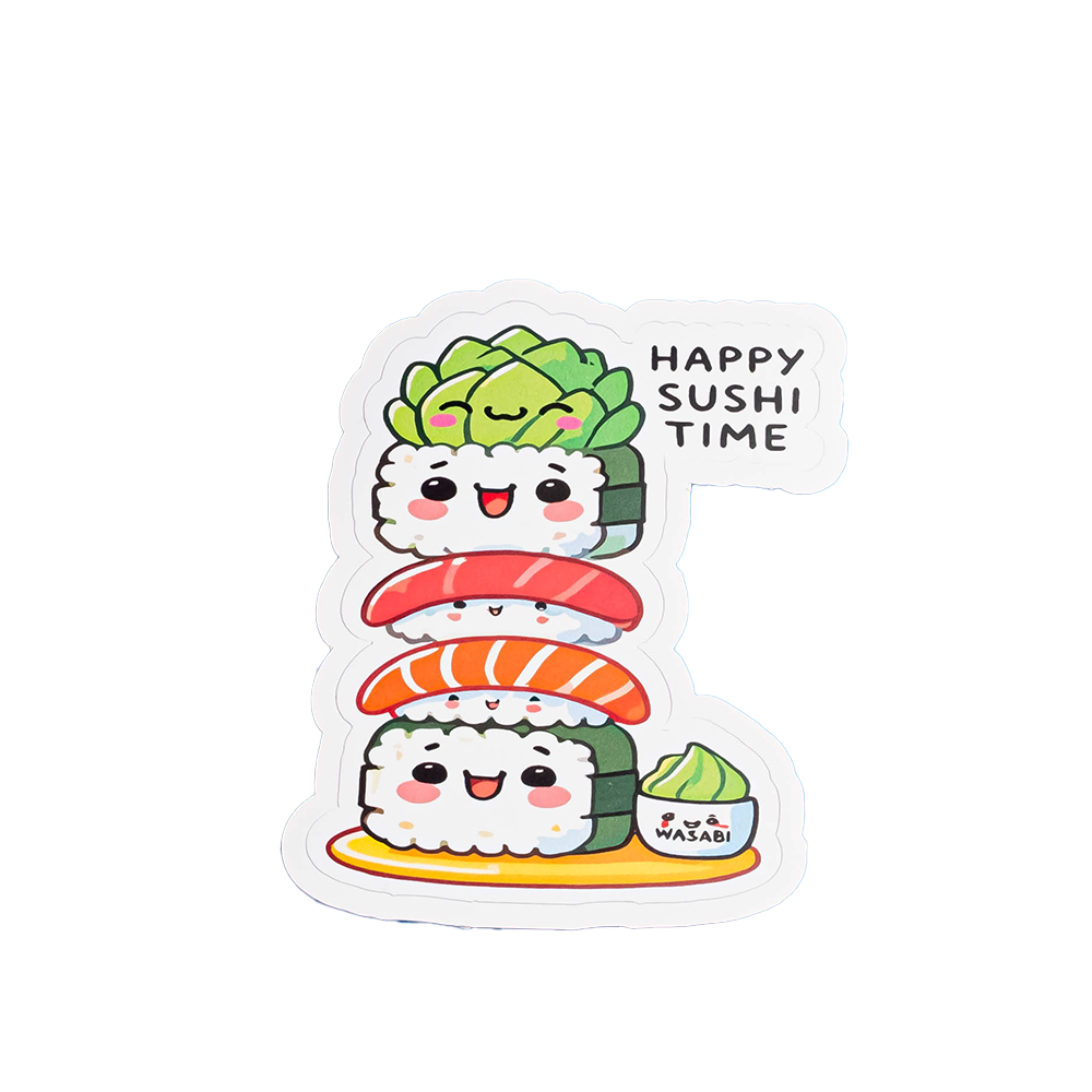 Cute Sushi Sticker - "Happy Sushi Time" Kawaii Vinyl Decal | Adorable Food Sticker for Laptops, Water Bottles & Sushi Lovers