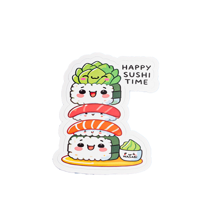 Cute Sushi Sticker - "Happy Sushi Time" Kawaii Vinyl Decal | Adorable Food Sticker for Laptops, Water Bottles & Sushi Lovers