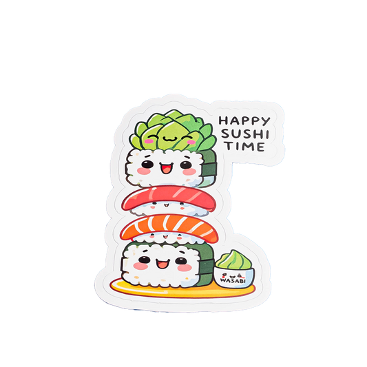 Cute Sushi Sticker - "Happy Sushi Time" Kawaii Vinyl Decal | Adorable Food Sticker for Laptops, Water Bottles & Sushi Lovers