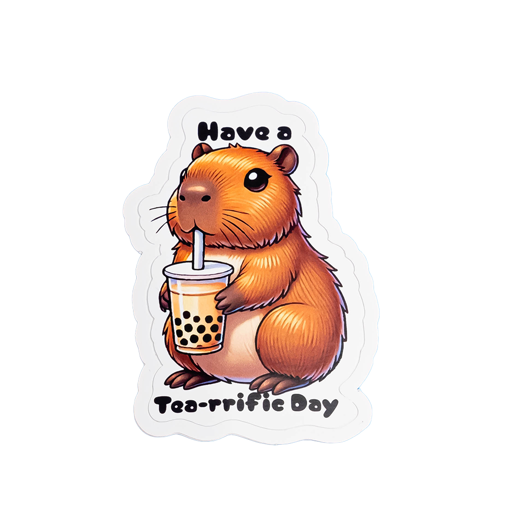 Boba Capybara Sticker - "Have a Tea-riffic Day" Cute Bubble Tea Vinyl Decal | Kawaii Animal Sticker for Laptops, Water Bottles & Boba Lovers