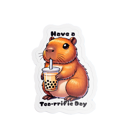 Boba Capybara Sticker - "Have a Tea-riffic Day" Cute Bubble Tea Vinyl Decal | Kawaii Animal Sticker for Laptops, Water Bottles & Boba Lovers