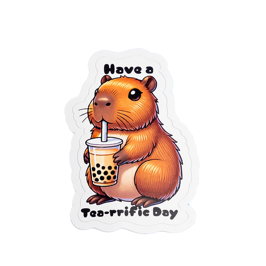 Boba Capybara Sticker - "Have a Tea-riffic Day" Cute Bubble Tea Vinyl Decal | Kawaii Animal Sticker for Laptops, Water Bottles & Boba Lovers