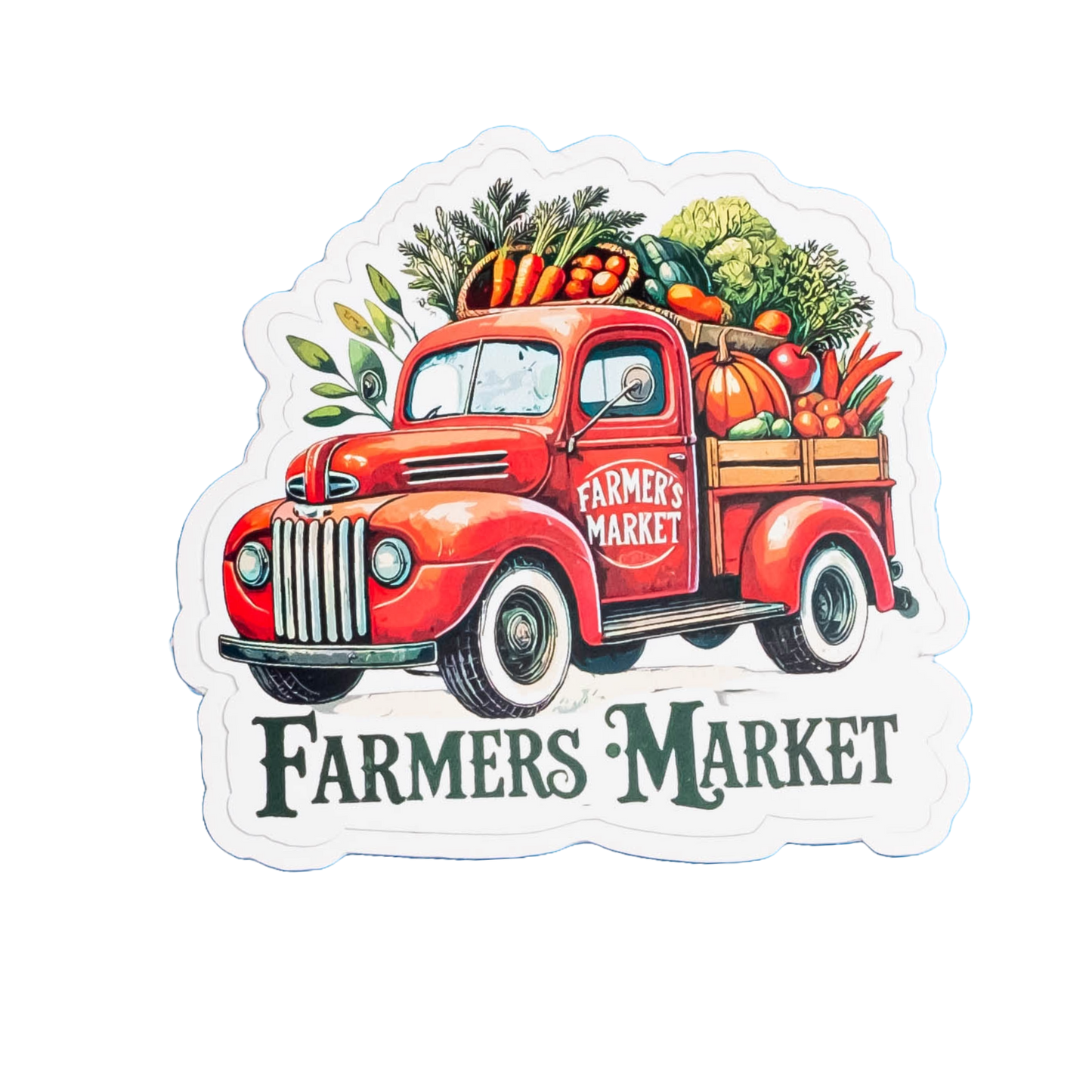 Farmers Market Sticker - Vintage Red Truck with Fresh Produce | Rustic Farmhouse Vinyl Decal for Laptops, Water Bottles & Market Lovers