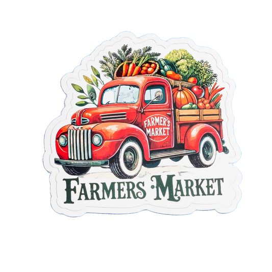 Farmers Market Sticker - Vintage Red Truck with Fresh Produce | Rustic Farmhouse Vinyl Decal for Laptops, Water Bottles & Market Lovers