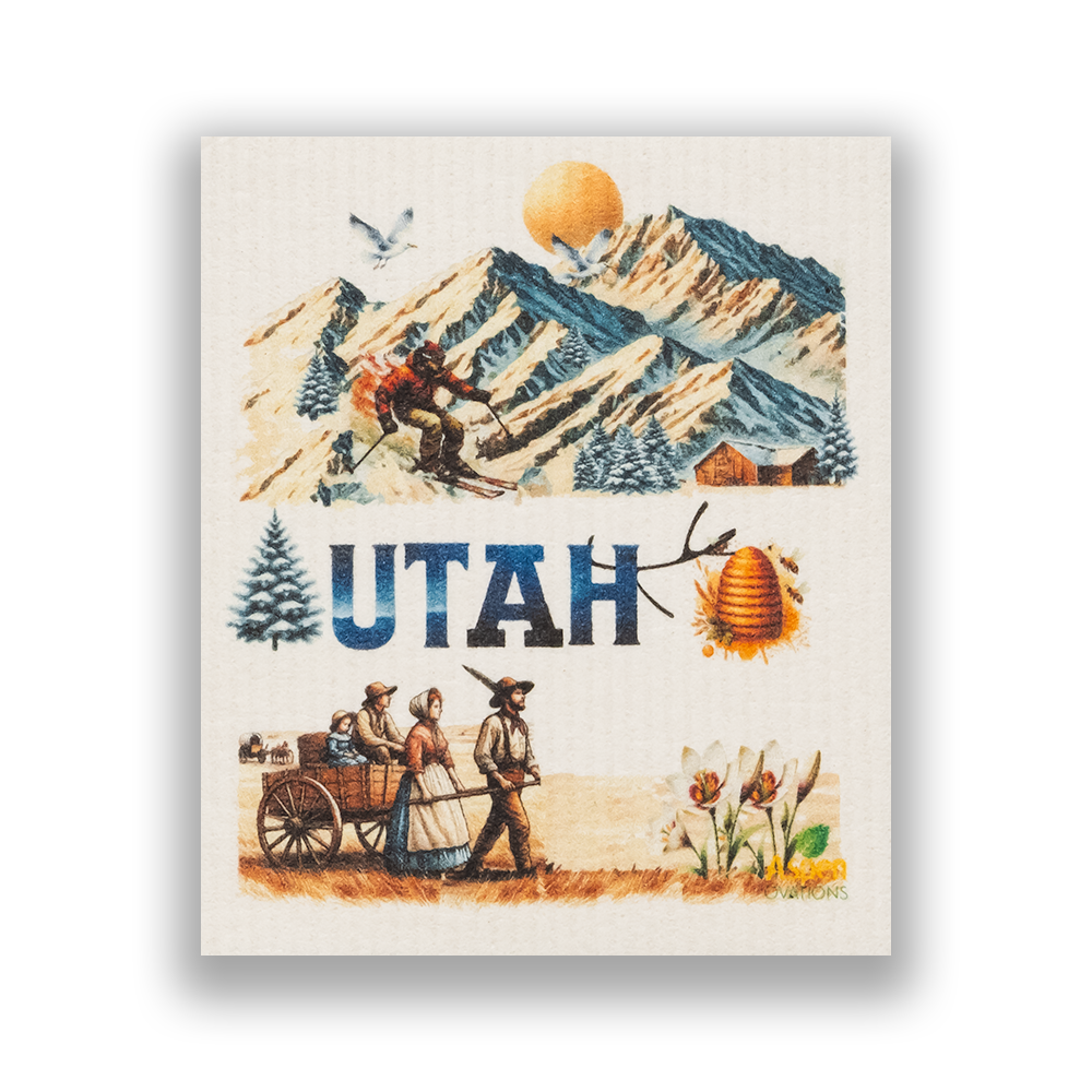 Utah State Collage Dishcloth | Mountain Ski Lodge & Pioneer Art | Reusable Swedish Sponge Cloth