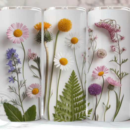 Floral 20 oz Skinny Tumbler –  3D Colorful Wild Flower Stainless Steel Cup with Lid & Straw, Spring Garden Design, Gift for Mom, Women & Nature Lovers