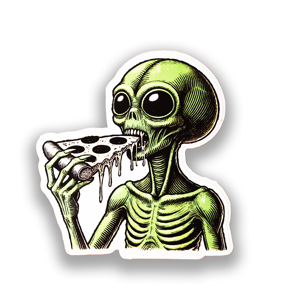 Alien Pizza Sticker - Funny UFO Lover Vinyl Decal | Retro Sci-Fi Horror Style Sticker for Laptops, Water Bottles & Pizza Fans