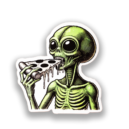 Alien Pizza Sticker - Funny UFO Lover Vinyl Decal | Retro Sci-Fi Horror Style Sticker for Laptops, Water Bottles & Pizza Fans