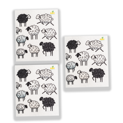 Cute Sheep Set of 3 Swedish Dishcloth Eco-Friendly Swedish Dishcloth – Reusable, Eco-Friendly Kitchen Sponge Cloth for Absorbing Spills, Cleaning Surfaces, Washing Dishes & Replacing Paper Towels – Zero Waste Sustainable Gift