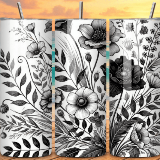 Floral 20 oz Skinny Tumbler –  black and white   Flower and butterflies Stainless Steel Cup with Lid & Straw, Spring Garden Design, Gift for Mom, Women & Nature Lovers (Copy)