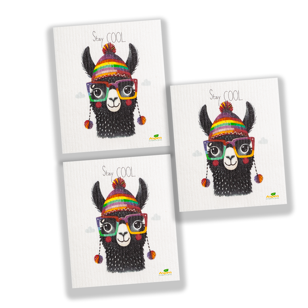 Llama / Stay Cool Set of 3 Swedish Dishcloth Eco-Friendly Reusable Swedish Dishcloth – Ultra-Absorbent, Eco-Friendly Kitchen Sponge Cloth for Cleaning, Washing Dishes & Replacing Paper Towels – Zero Waste, Sustainable Home Essential