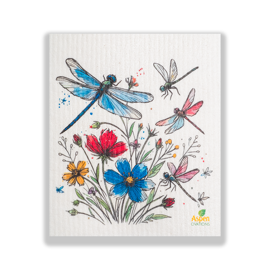 Dragonflies and spring flowers Swedish Dishcloth Eco-Friendly